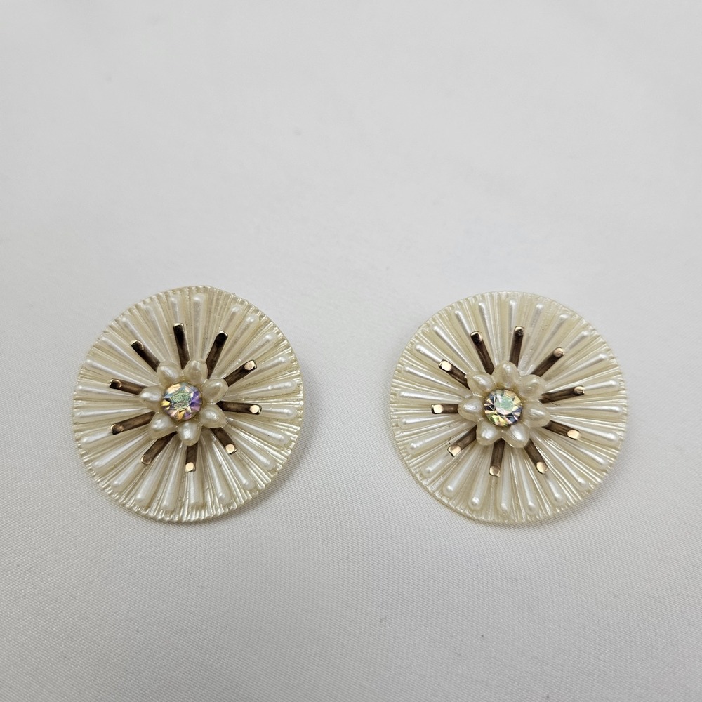 MCM White Starburst Clip On Earrings Rhimestone Celluloid Mid-Century Vintage